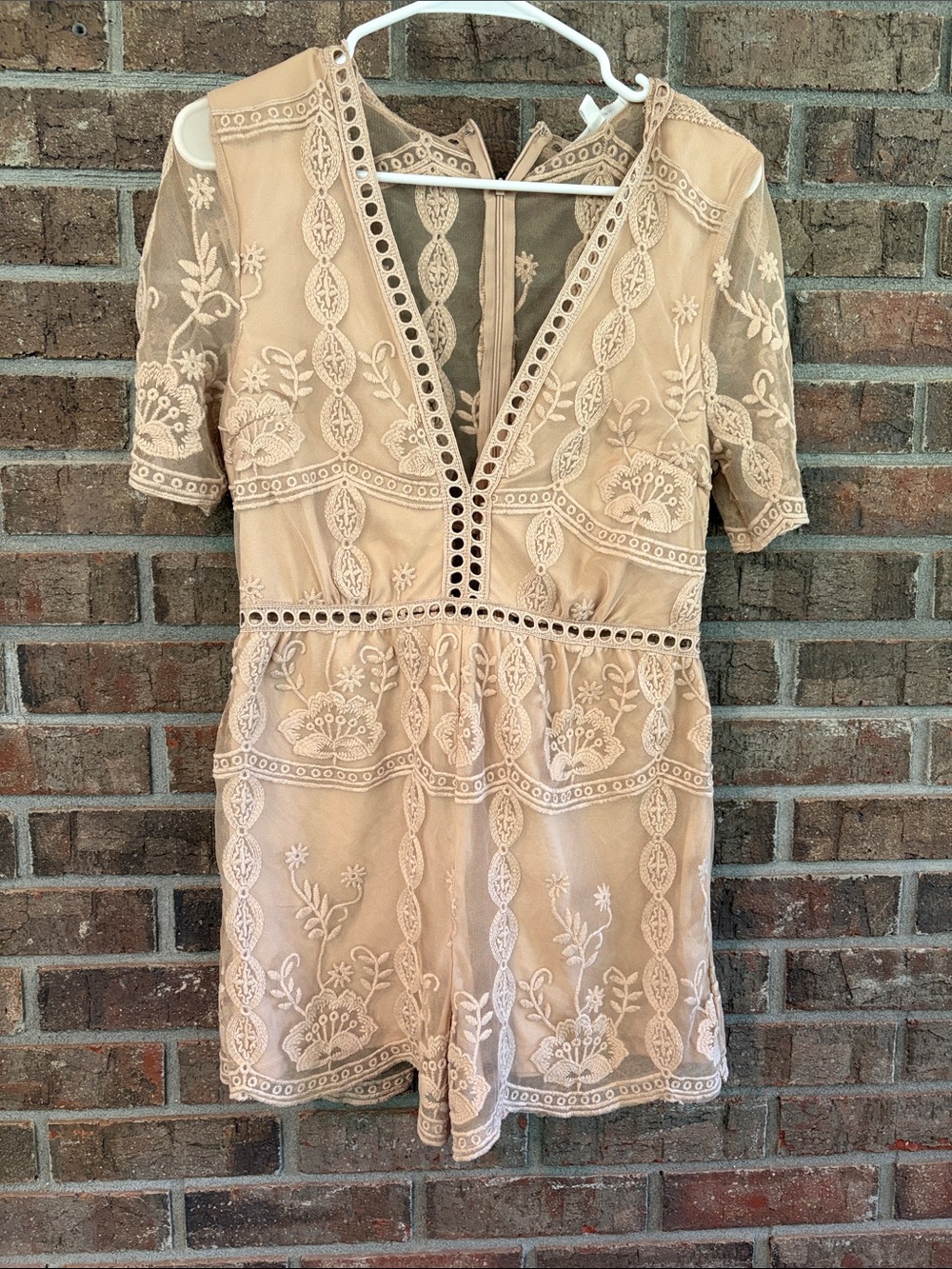Love Tree Beige Embroidered Lace V-Neck Romper